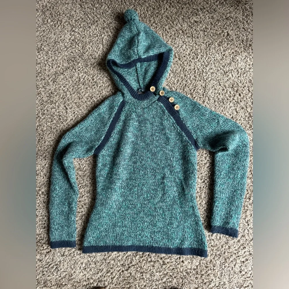 Women's Teal Hooded Sweater with Button Detail - Picture 1 of 5